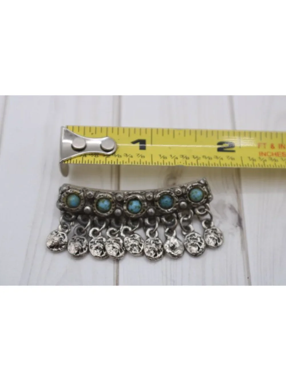 Germany Turquoise Brooch Pin Fringe Coins Silver Celtic Ethnic Hat Scarf Lapel